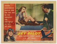 6m525 JET PILOT LC #4 1957 John Wayne stares at sexy Janet Leigh's nyloned leg, Wicks border art!