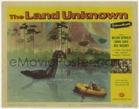 6m573 LAND UNKNOWN LC #2 1957 girl in raft is scared of the giant dinosaur emerging from lake!