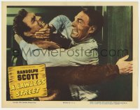 6m580 LAWLESS STREET LC 1955 great close up of cowboy Randolph Scott fighting with Don Megowan!