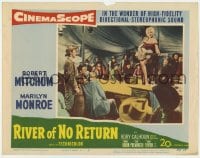 6m766 RIVER OF NO RETURN LC #3 1954 Robert Mitchum & cowboys watch sexy Marilyn Monroe play guitar!