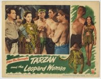 6m888 TARZAN & THE LEOPARD WOMAN LC 1946 men hold Johnny Weissmuller in front of Acquanetta!