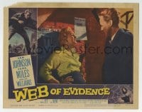 6m959 WEB OF EVIDENCE LC #3 1959 Van Johnson looks down at sleazy Vera Miles leaning on wall!