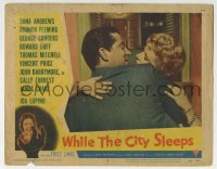 6m967 WHILE THE CITY SLEEPS LC #8 1956 Fritz Lang, c/u of Dana Andrews about to kiss Sally Forrest!