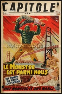 6p223 CREATURE WALKS AMONG US Belgian 1956 great art of monster attacking by Golden Gate Bridge!