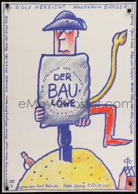 6p326 LION CARPENTER East German 23x32 1980 wacky Ernst art of man with tail holding title sign!