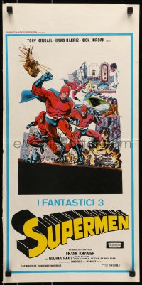 6p546 THREE FANTASTIC SUPERMEN Italian locandina 1967 I Fantastici tre supermen, art by Pollard!