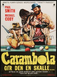 6p026 CARAMBOLA Swedish 25x34 1974 art of cowboys Paul Smith & Antonio Cantafora at pool table!