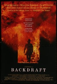 6r058 BACKDRAFT advance DS 1sh 1991 firefighter Kurt Russell in blaze, directed by Ron Howard!