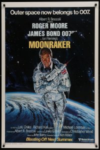 6r616 MOONRAKER style A advance 1sh 1979 art of Roger Moore as Bond blasting off in space by Goozee!