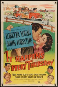 6s024 IT HAPPENS EVERY THURSDAY signed 1sh 1953 by Loretta Young, wacky art of her & family in car!