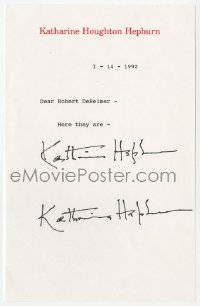 6s008 KATHARINE HEPBURN signed letter 1992 she provided two signatures per a fan's request!