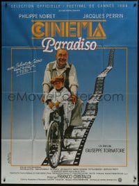 6t778 CINEMA PARADISO French 1p 1989 great image of Philippe Noiret & Salvatore Cascio on bike!