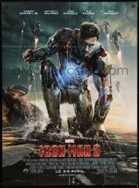6t853 IRON MAN 3 advance French 1p 2013 c/u of kneeling Robert Downey Jr. & different suits!