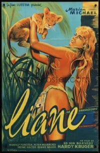 6t716 LIANE JUNGLE GODDESS French 31x47 R1960s great art of 16 year-old Marion Michael w/lion cub!