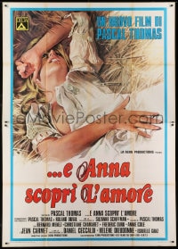 6t346 DON'T CRY WITH YOUR MOUTH FULL Italian 2p 1975 different art of blonde laying in hay!