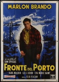 6t375 ON THE WATERFRONT Italian 2p R1960 Elia Kazan, full-length artwork of Marlon Brando with gun!