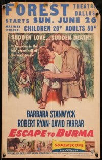 6t473 ESCAPE TO BURMA WC 1955 romantic art of Robert Ryan & Barbara Stanwyck in the jungle!
