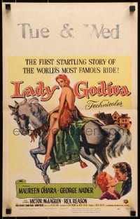 6t533 LADY GODIVA WC 1955 artwork of super sexy naked Maureen O'Hara on horseback!
