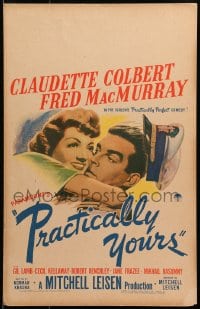 6t582 PRACTICALLY YOURS WC 1944 art of Claudette Colbert hugging Air Force pilot Fred MacMurray!