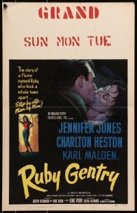 6t603 RUBY GENTRY WC 1953 artwork of super sleazy bad girl Jennifer Jones kissing Charlton Heston!