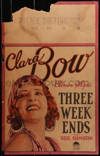 6t649 THREE WEEKENDS WC 1928 wonderful head & shoulders art of pretty smiling red-haired Clara Bow!
