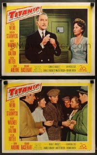 6w990 TITANIC 2 LCs 1953 Clifton Webb & Barbara Stanwyck on legendary ship with Robert Wagner!
