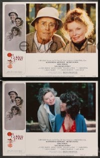 6w345 ON GOLDEN POND 8 LCs 1981 Hepburn, Henry Fonda, and Jane Fonda, border art by Charles deMar!