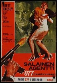 6y244 MISSION LISBON Finnish 1966 different art of Brett Halsey being shot at, holding woman!