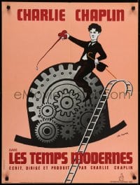 6y382 MODERN TIMES French 23x31 R1970s Leo Kouper artwork of Charlie Chaplin on hat with gears!