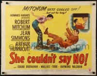 6z891 SHE COULDN'T SAY NO style B 1/2sh 1954 sexy short-haired Jean Simmons, Robert Mitchum!