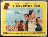 6z969 WAR & PEACE 1/2sh 1956 art of Audrey Hepburn, Fonda & Mel Ferrer, Tolstoy, yellow border!