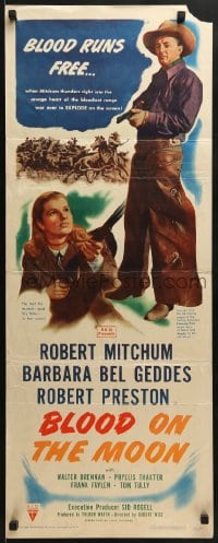 6z050 BLOOD ON THE MOON insert 1949 art of cowboy Robert Mitchum pointing gun & Barbara Bel Geddes