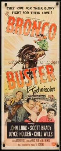 6z064 BRONCO BUSTER insert 1952 directed by Budd Boetticher, cool artwork of rodeo cowboy on horse!