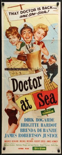 6z121 DOCTOR AT SEA insert 1956 wacky art of sailor Dirk Bogarde & sexy Brigitte Bardot!
