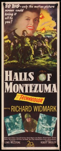 6z169 HALLS OF MONTEZUMA insert 1951 Richard Widmark, art of WWII U.S. Marines charging into battle!