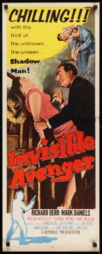 6z196 INVISIBLE AVENGER insert 1958 the unseen Shadow Man, cool chilling horror artwork!
