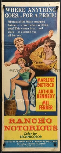 6z308 RANCHO NOTORIOUS insert 1952 Fritz Lang directed, art of sexy Marlene Dietrich showing leg!