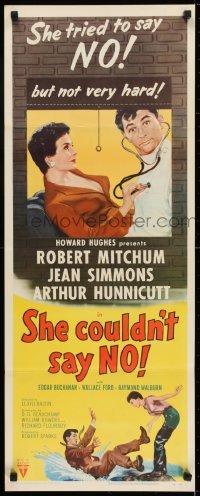 6z332 SHE COULDN'T SAY NO insert 1954 sexy short-haired Jean Simmons examines Dr. Robert Mitchum!