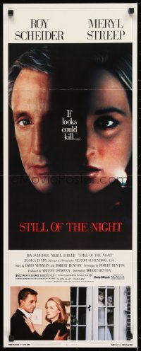 6z363 STILL OF THE NIGHT insert 1982 super c/u of Roy Scheider & Meryl Streep, if looks could kill!