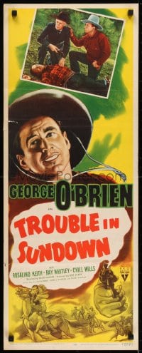 6z405 TROUBLE IN SUNDOWN insert R1947 cool artwork of cowboy George O'Brien pointing revolver!