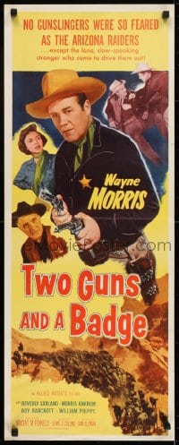 6z408 TWO GUNS & A BADGE insert 1954 close up of cowboy Wayne Morris pointing two guns!