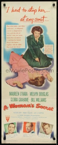 6z454 WOMAN'S SECRET insert 1949 Maureen O'Hara w/gun in Nicholas Ray/Herman J. Mankiewicz noir!