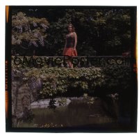 7a424 THUNDERBALL 3x3 transparency 1965 sexy Claudine Auger standing on bridge at Pinewood Studios!
