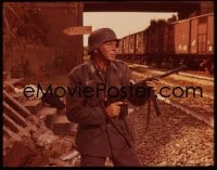 7a270 VON RYAN'S EXPRESS 4x5 transparency 1965 Frank Sinatra holding machine gun by train in WWII!