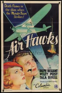 7b022 AIR HAWKS style A 1sh 1935 Wiley Post, great art of Bellamy and Birell by airplane, ultra rare