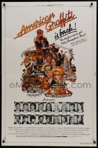 7b038 AMERICAN GRAFFITI 1sh R1978 George Lucas, great wacky Mort Drucker artwork of cast & images!