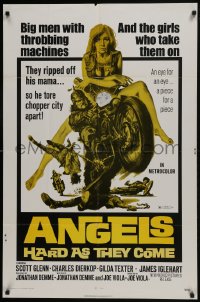 7b048 ANGELS HARD AS THEY COME 1sh 1971 cool artwork of biker on his motorcycle & his babe!
