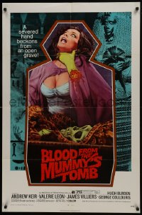 7b126 BLOOD FROM THE MUMMY'S TOMB 1sh 1972 Hammer, art of sexy woman strangled by severed hand!
