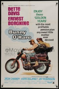 7b165 BUNNY O'HARE 1sh 1971 great image of Bette Davis & Ernest Borgnine on Triumph motorcycle!