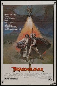 7b249 DRAGONSLAYER 1sh 1981 cool Jeff Jones fantasy artwork of Peter MacNicol w/spear & dragon!
